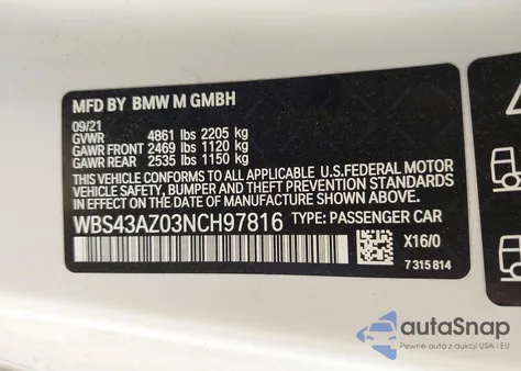 2022 BMW M4 Competition xDrive from USA, damaged, VIN WBS43AZ03NCH97816